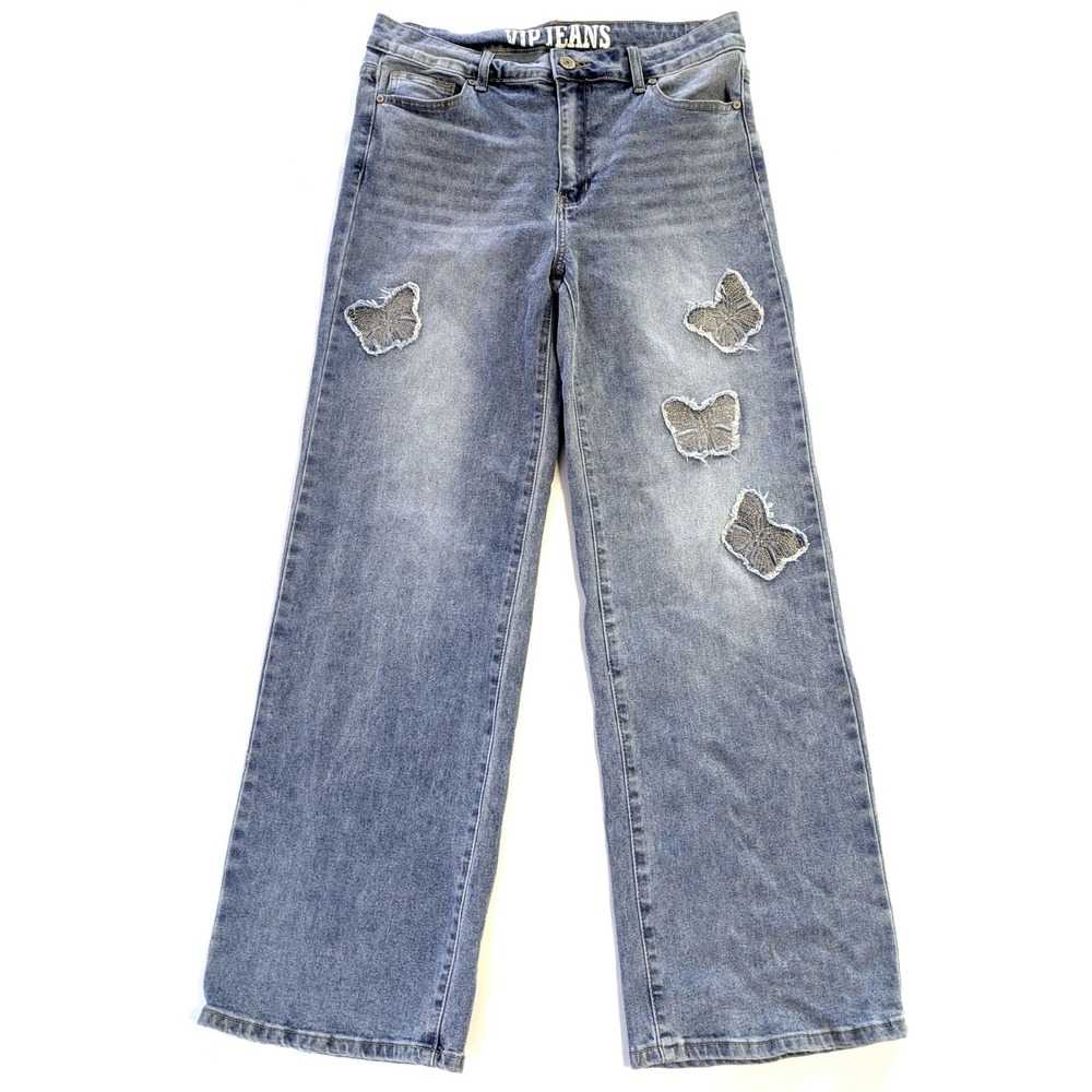 VIP Jeans Womens Wide Leg Butterfly Embroidered Denim Pants Blue Size 13/31